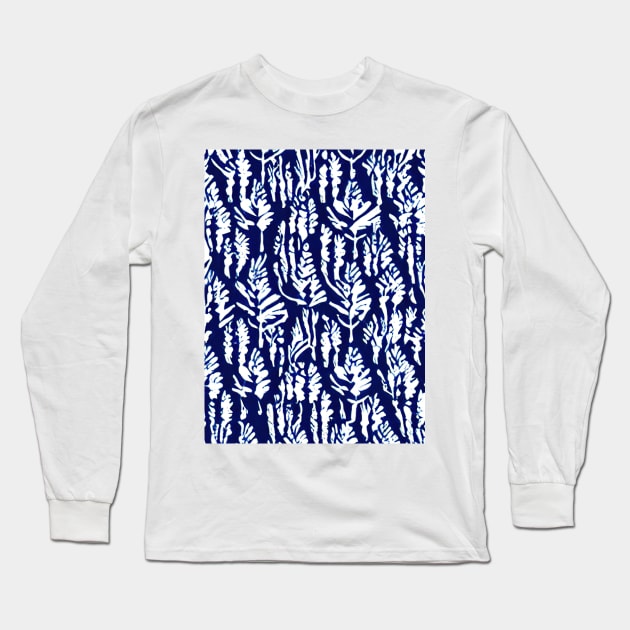 Blue and Navy Floral brush strokes pattern background Long Sleeve T-Shirt by Alekxemko